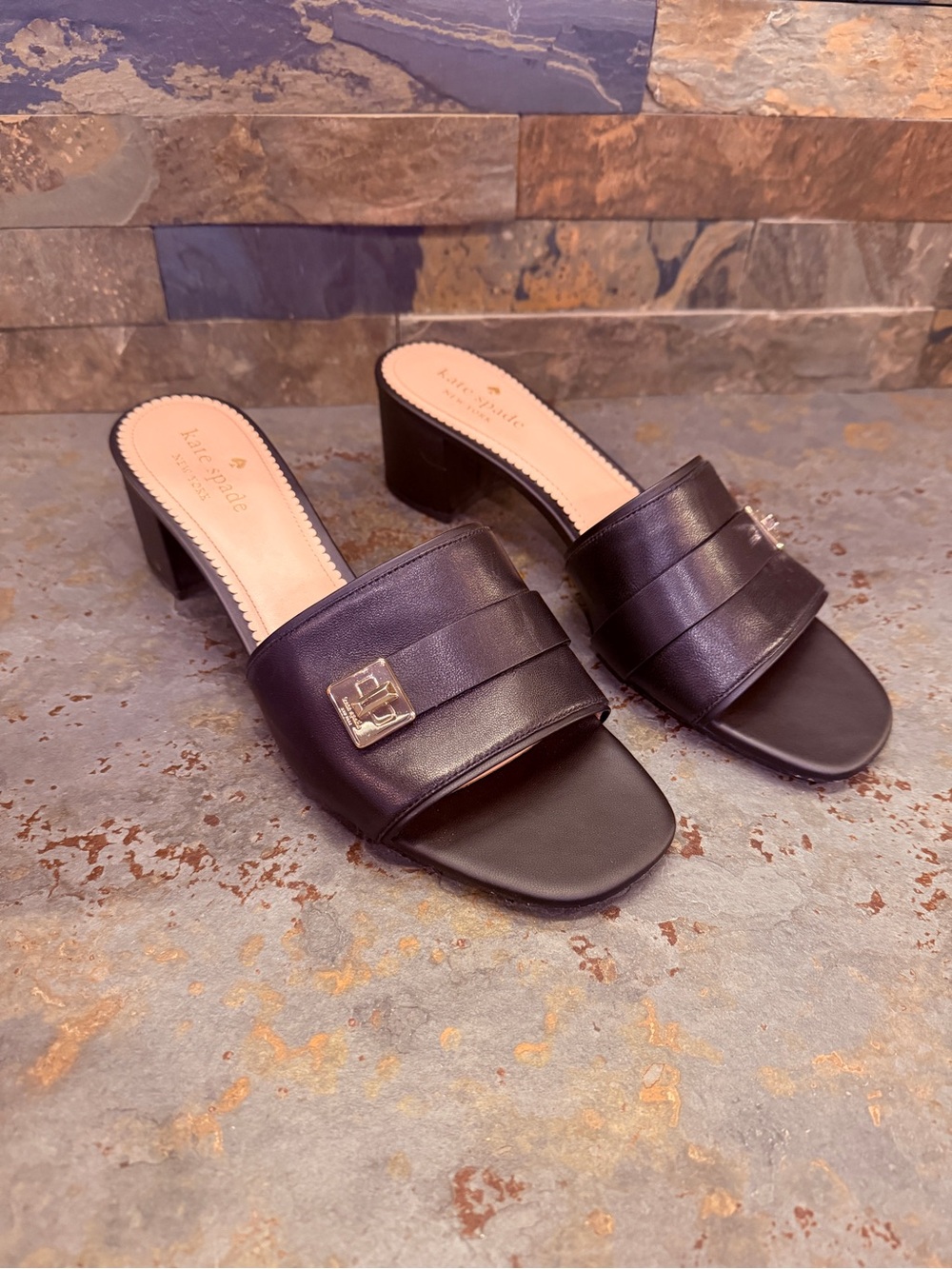 kate spade phoebe style size 10 Black Leather Block Heel Slide Sandals - Picture 15 of 15